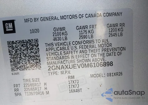 2021 Chevrolet Equinox Awd Lt из США, поврежденный, VIN 2GNAXUEV0M6106898